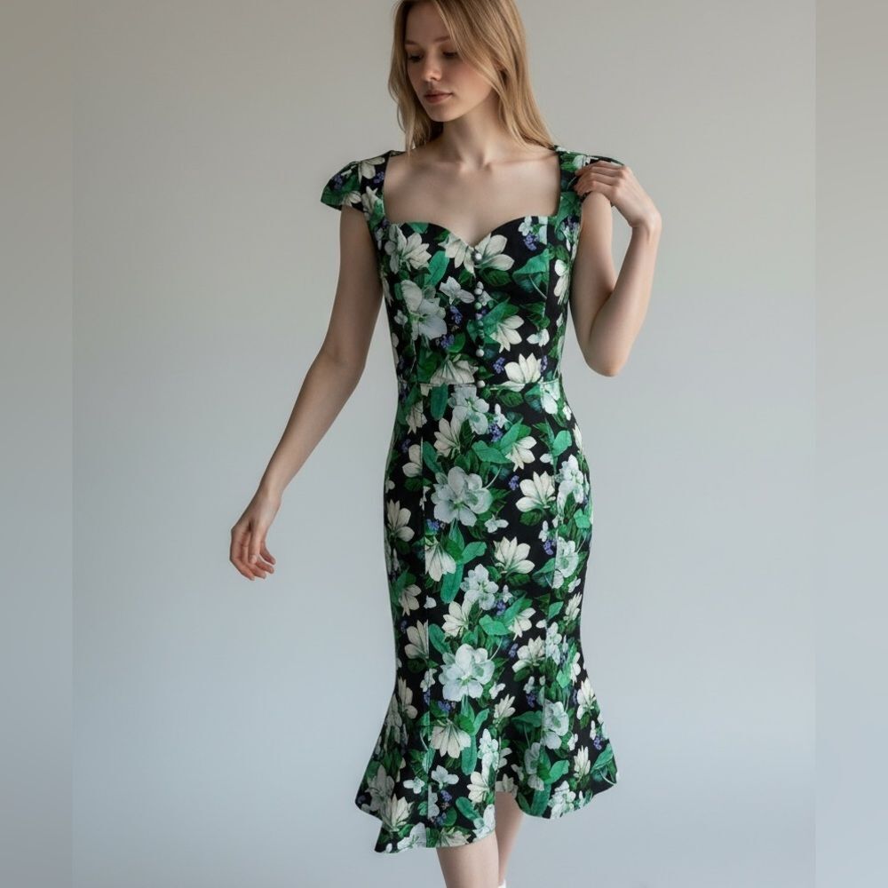 Anthropology the Cecily Fit Floral Green and White Mermaid Midi Dress Flowers